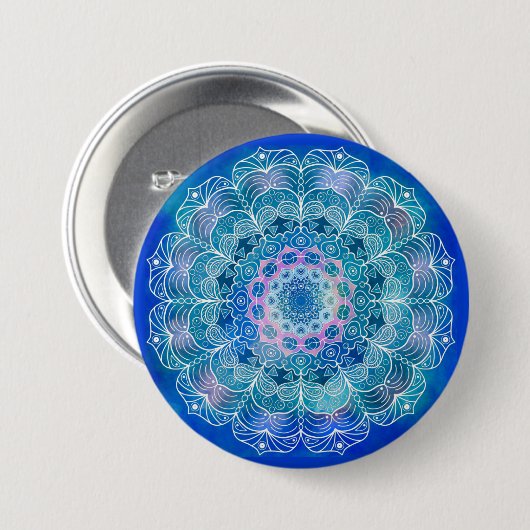 Mandala White Kontur blue Wassercolor - Button (Vorne & Hinten)