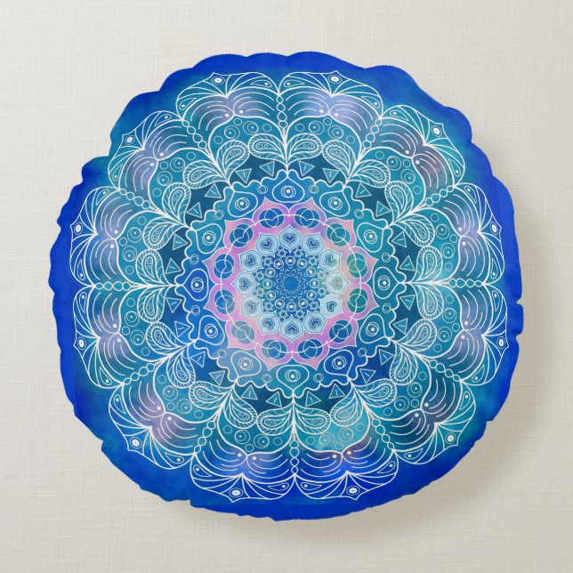 Mandala White Kontur blue Wassercolor - Rundes Kissen (Vorderseite)