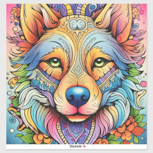 Mandala-Wolf mit floralen Akzenten Aufkleber (Blatt)