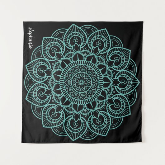 Mandala Zeichnend in schwarzem Aqua - handgeschrie Wandteppich (Vorderseite (Horizontal))