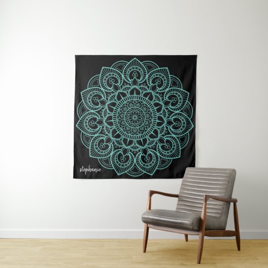 Mandala Zeichnend in schwarzem Aqua - handgeschrie Wandteppich (Beispiel)