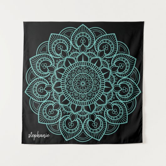 Mandala Zeichnend in schwarzem Aqua - handgeschrie Wandteppich (Vorderseite)