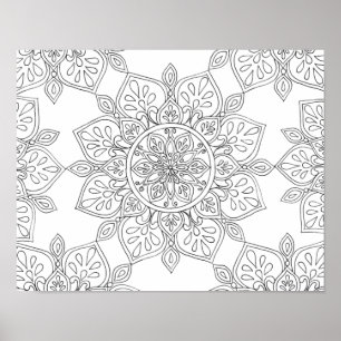 Mandala zum Ausmalen Schwarz Weiß Floral Poster