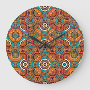Mandalas Kaleidoskop: Braun Blau Orange. Große Wanduhr