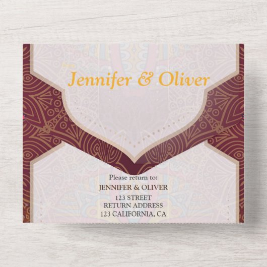 Mandalase auf Maroon-Hintergrund All In One Einladung (Rückseite)