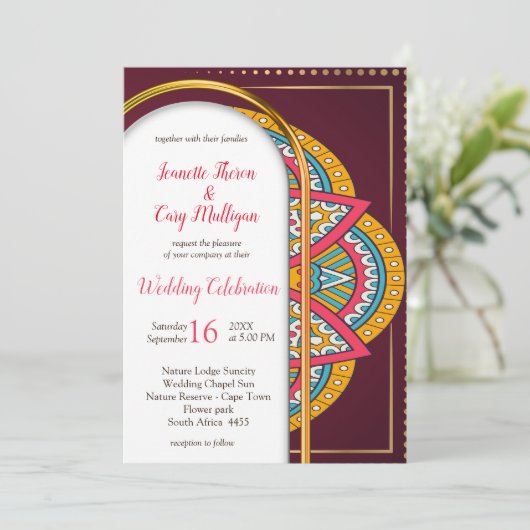 Mandalase auf Maroon-Hintergrund Einladung (Stehend Vorderseite)