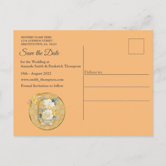 Mandalase aus Foto, in Goldfarben, Weißrosen Ankündigungspostkarte (Rückseite)