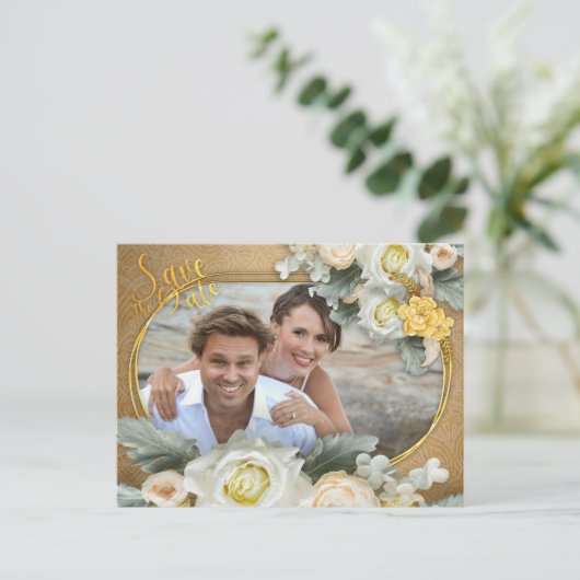 Mandalase aus Foto, in Goldfarben, Weißrosen Ankündigungspostkarte (Stehend Vorderseite)