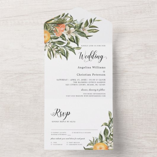 Mandarin Blooming Citrus | Greenery Wedding All In One Einladung (Innen Boden)