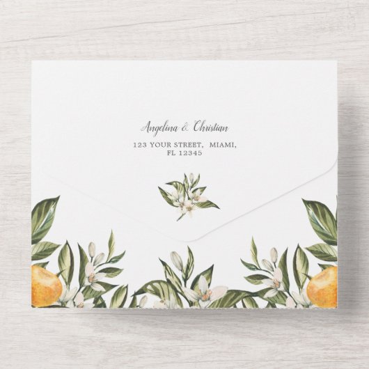 Mandarin Blooming Citrus | Greenery Wedding All In One Einladung (Rückseite)