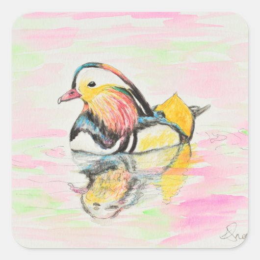 Mandarin Duck Ink and Watercolor Painting Quadratischer Aufkleber (Vorderseite)