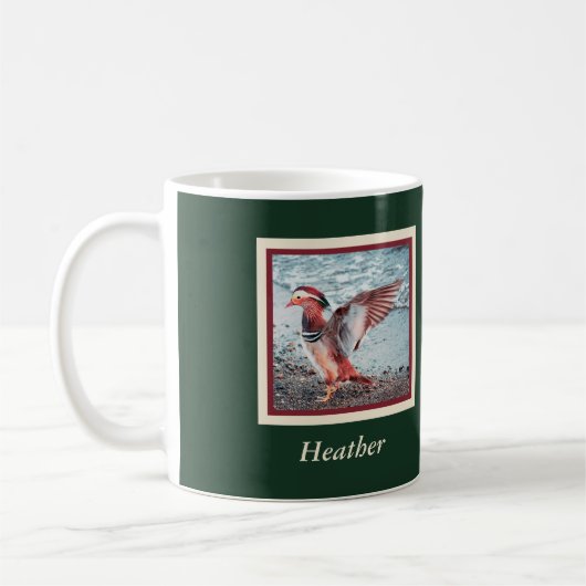 Mandarin Duck on Green and Rust with Name Kaffeetasse (Links)