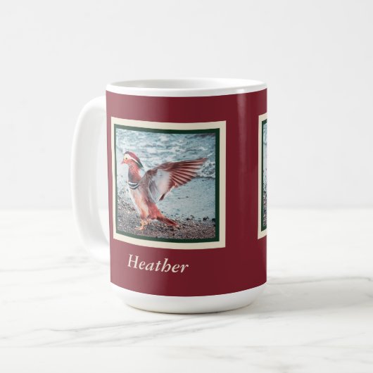 Mandarin Duck on Rust and Green mit Namen Kaffeetasse (Vorderseite Links)