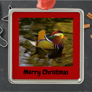 Mandarin Ente Frohe Weihnachten Rot Gerahmt Ornament Aus Metall