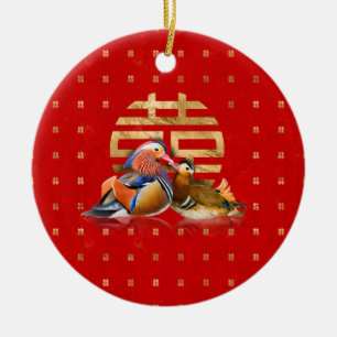 Mandarin Enten und Doppelglücklich auf rot Keramik Ornament
