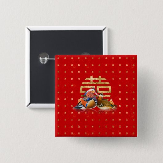 Mandarin Enten und doppeltes Glück auf rot Button (Vorne & Hinten)