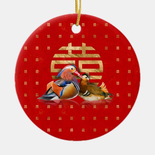 Mandarin Enten und doppeltes Glück auf rot Keramik Ornament (Vorne)