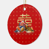 Mandarin Enten und doppeltes Glück auf rot Keramik Ornament (Links)