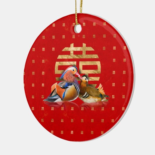 Mandarin Enten und doppeltes Glück auf rot Keramik Ornament (Links)