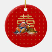 Mandarin Enten und doppeltes Glück auf rot Keramik Ornament (Hinten)