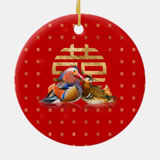 Mandarin Enten und doppeltes Glück auf rot Keramik Ornament (Hinten)