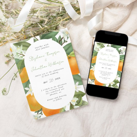 Mandarin Orange Botanical Elegante Wedding Einladung