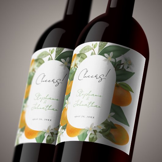 Mandarin Orange Watercolor Wedding Weinetikett