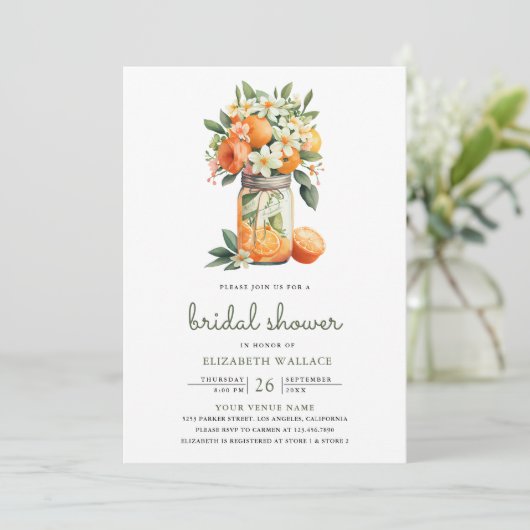 Mandarine Citrus Orange Mason Jar Brautparty Einladung (Stehend Vorderseite)