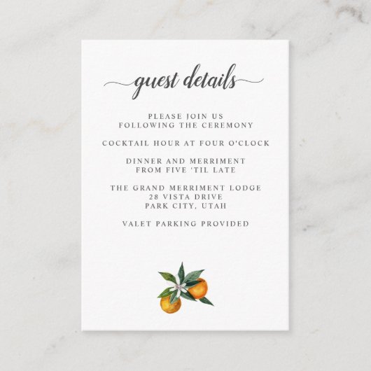 Mandarine Citrus WEDDING Details Unterkunft Begleitkarte (Vorderseite)