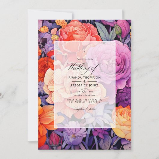 Mandarine, Hot-Pink & Royal Lila Blumenhochzeit Einladung (Vorderseite)