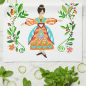 Mandarine Moderne Folk Art Blume Mädchen Geschirrtuch (Gefaltet)