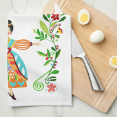 Mandarine Moderne Folk Art Blume Mädchen Geschirrtuch (Viertel Falte)