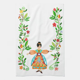 Mandarine Moderne Folk Art Blume Mädchen Geschirrtuch