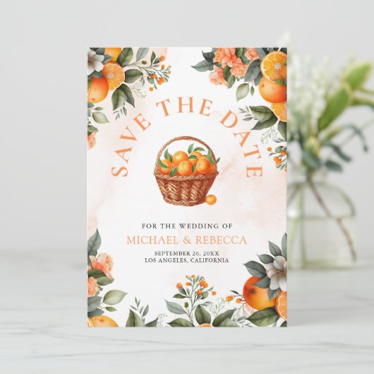 Mandarine Orange Citrus QR Code Foto Hochzeit Save The Date (Stehend Vorderseite)