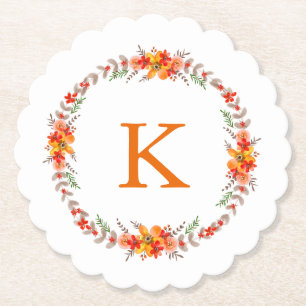 Mandarine Orange Floral Wreath Monogram Wedding Untersetzer