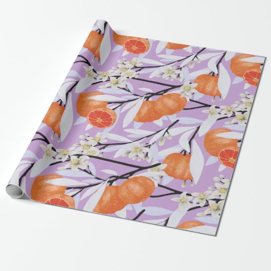 Mandarine Zitrus Blütenzweige Floral Lilac Geschenkpapier (Ungerollt)
