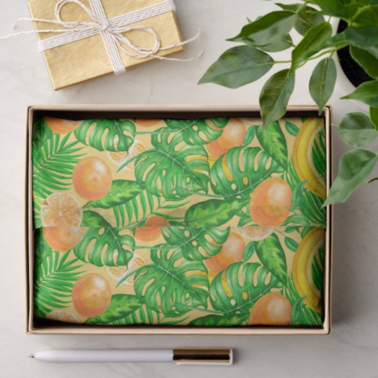 Mandarinen, Bananen und tropische Blätter Seidenpapier (Geschenk)