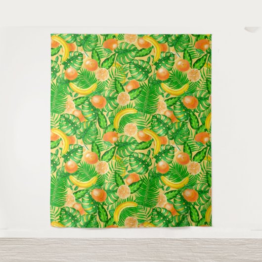 Mandarinen, Bananen und tropische Blätter Wandteppich (Vorderseite)