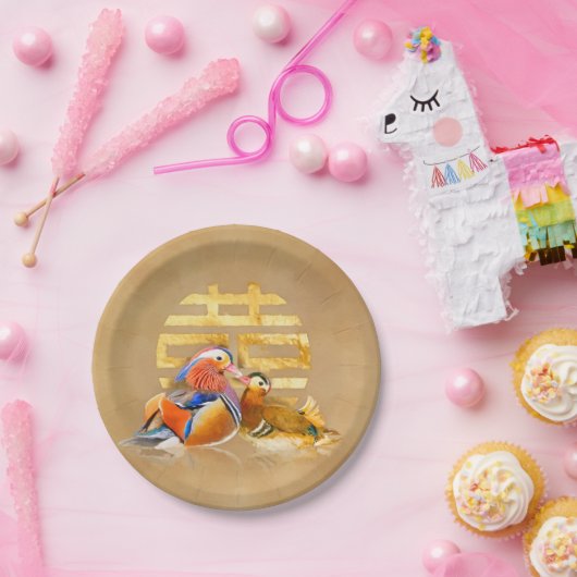 Mandarinenducks und Doppelglückssymbol Pappteller (Party)