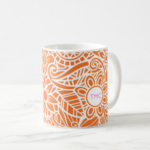 Mandela Floral Orange White Pink Monogram INITIALS Kaffeetasse