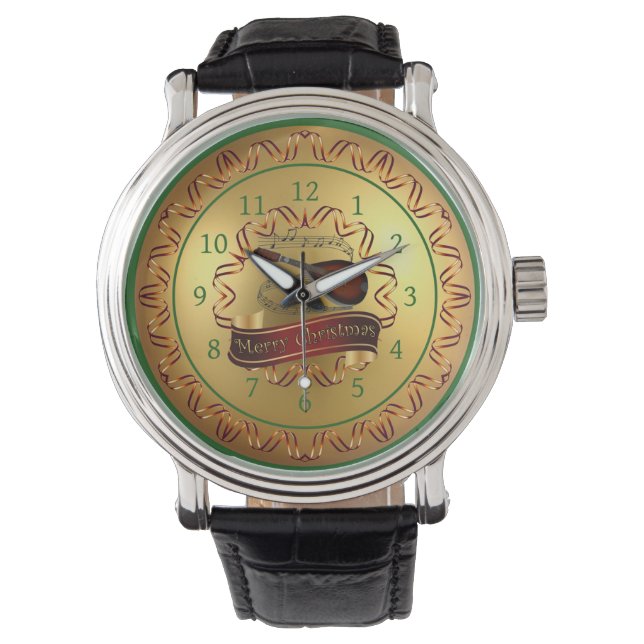 Mandolin 01 ~ Musical Scroll ~ "Frohe Weihnachten" Armbanduhr (Vorderseite)