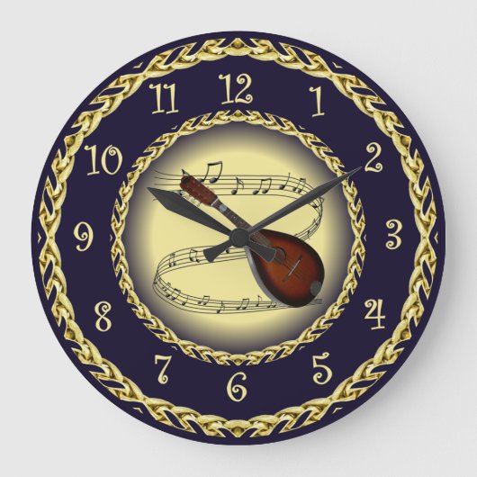 Mandolin 01 ~ Musical Scroll ~ Gold/Navy Blue ~ Große Wanduhr (Vorderseite)