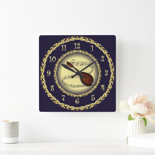 Mandolin 01 ~ Musical Scroll ~ Gold/Navy Blue ~ Quadratische Wanduhr (Zuhause)