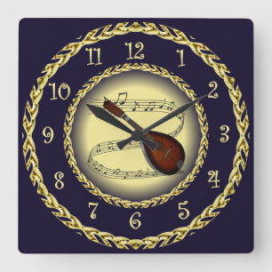 Mandolin 01 ~ Musical Scroll ~ Gold/Navy Blue ~ Quadratische Wanduhr