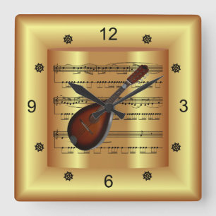 Mandolin ~ Kurveste Noten ~ Gold Background ~  Quadratische Wanduhr