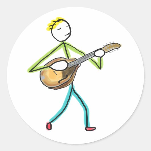 Mandolin Playing Stickman Runder Aufkleber (Vorderseite)