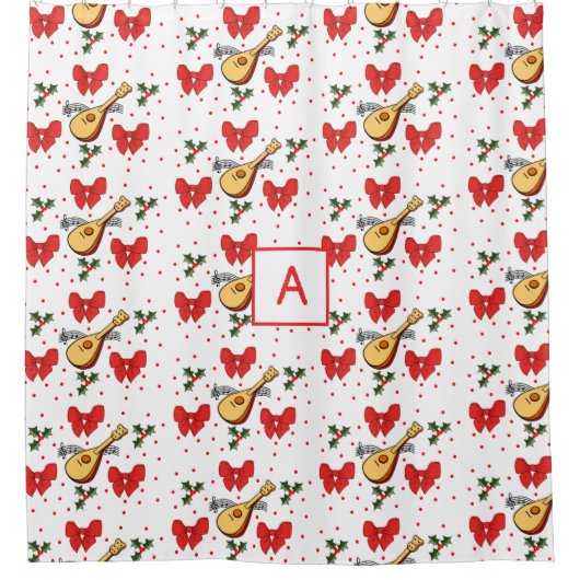 Mandolin Red Bows Holly Verlasse Berries Pattern Duschvorhang (Vorderseite)