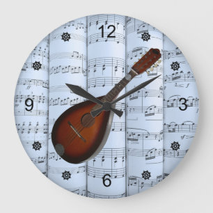 Mandolin~Rollsheet Music~Blue Tint Background ~ Große Wanduhr