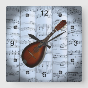 Mandolin~Rollsheet Music~Blue Tint Background ~ Quadratische Wanduhr