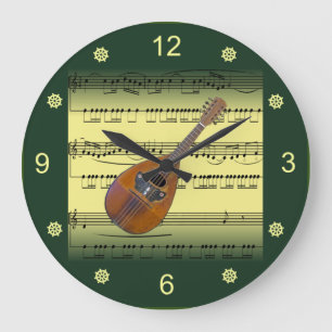 Mandolin~RollSheet Music~Gold/Green Background~ Große Wanduhr